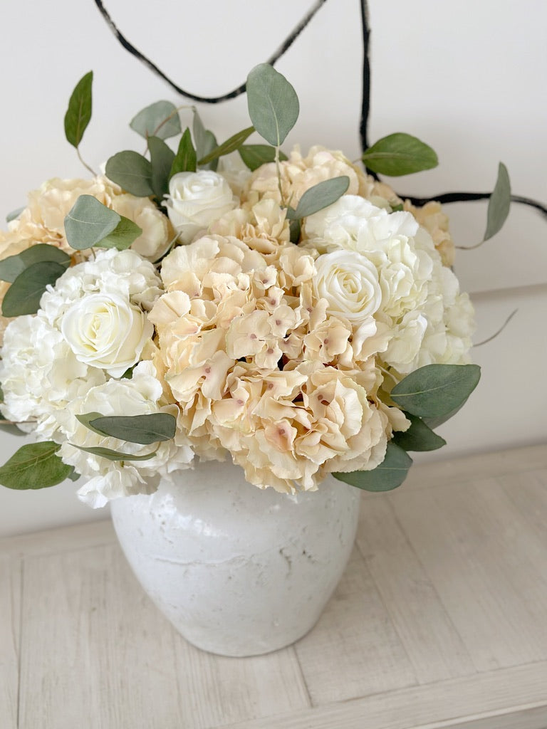 Signature White & Ivory Faux Hydrangea and Rose Arrangement