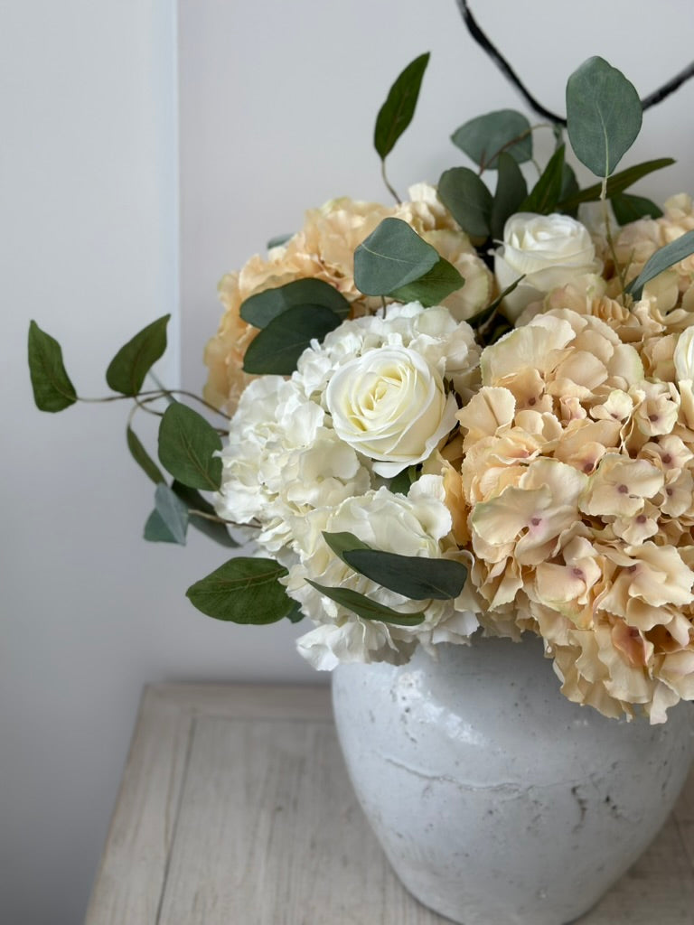 Signature White & Ivory Faux Hydrangea and Rose Arrangement