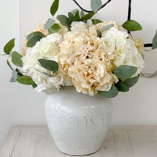 Signature White & Ivory Faux Hydrangea and Rose Arrangement