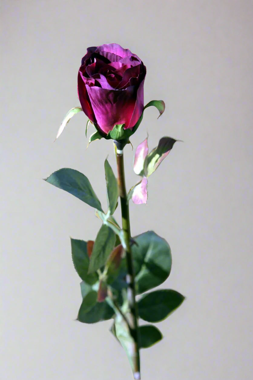 Faux Elegant Burgundy Med Rose Bud Stem