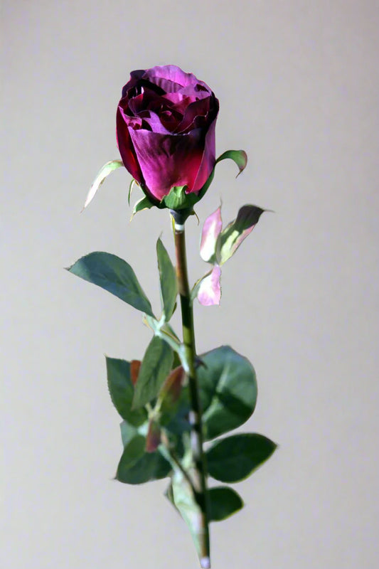 Faux Elegant Burgundy Med Rose Bud Stem