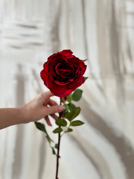 Faux Luxe Red Hybrid Tea Rose Stem