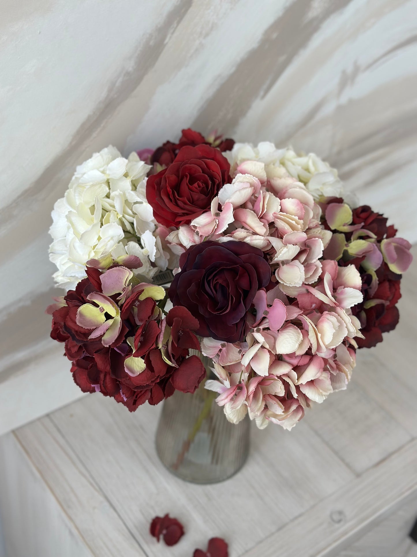 Mixed Deep Red Faux Hydrangea Medium Stem