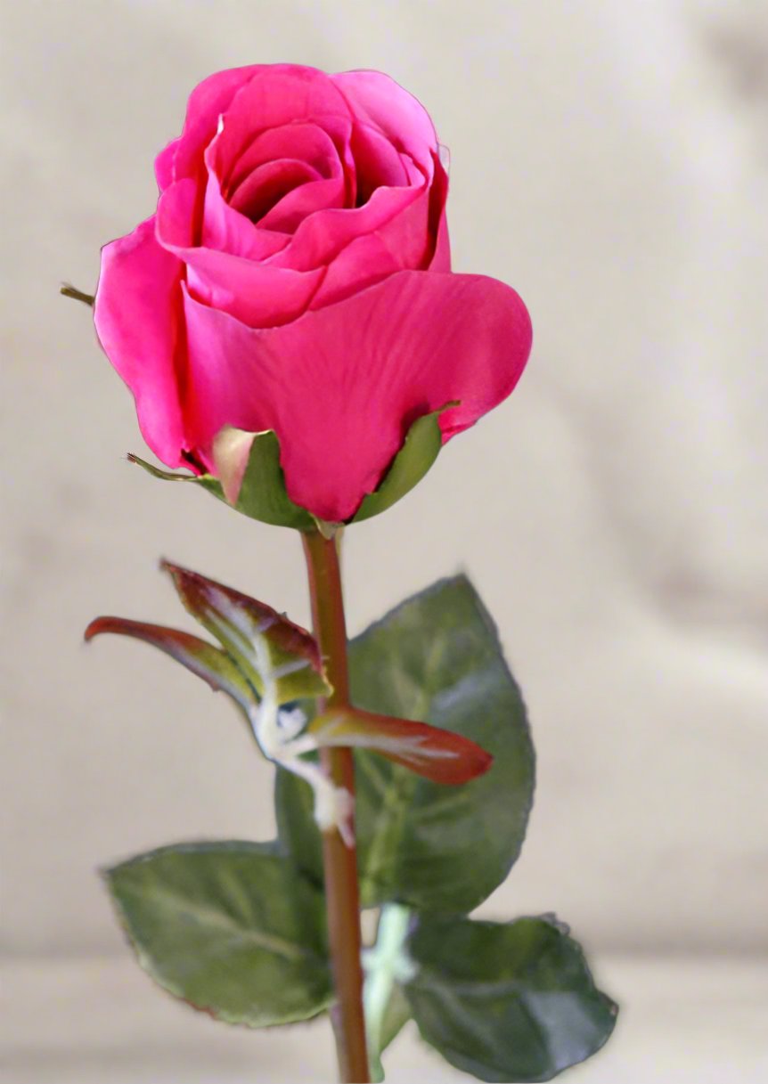 Faux Elegant Hot Pink Med Rose Bud Stem