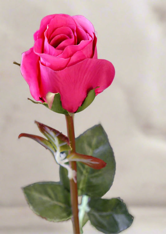 Faux Elegant Hot Pink Med Rose Bud Stem