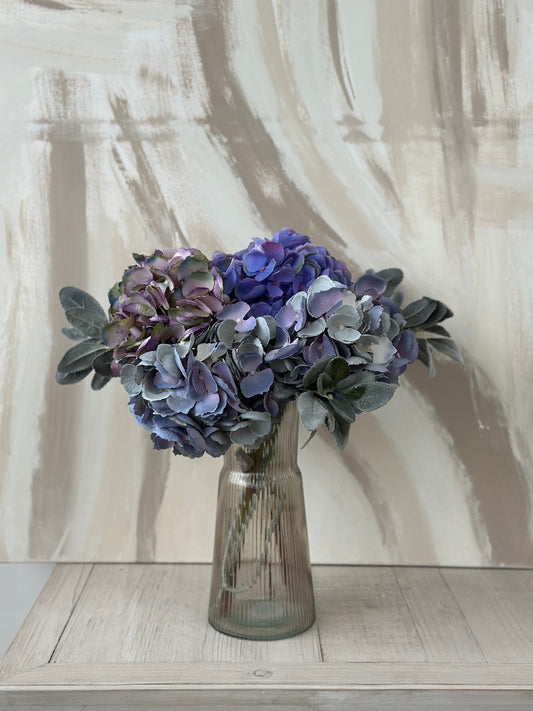 Watercolours Blue Faux Hydrangea and Lambs Leaf Arrangement