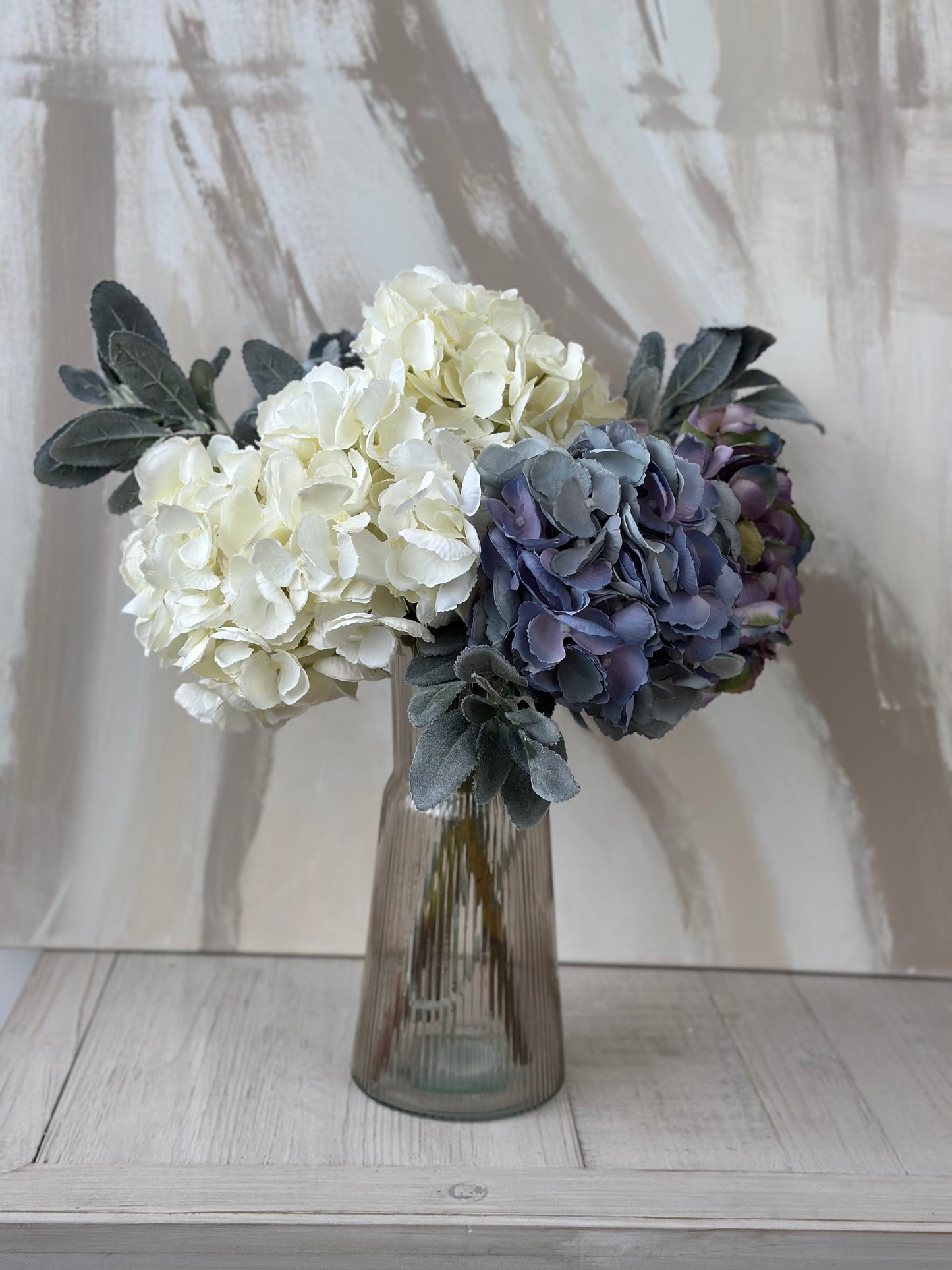 Watercolours Blue and White Faux Hydrangea and Lambs Leaf Arrangement