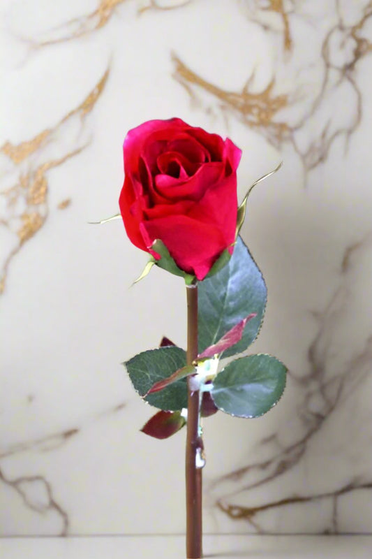 Faux Elegant Red Med Rose Bud Stem