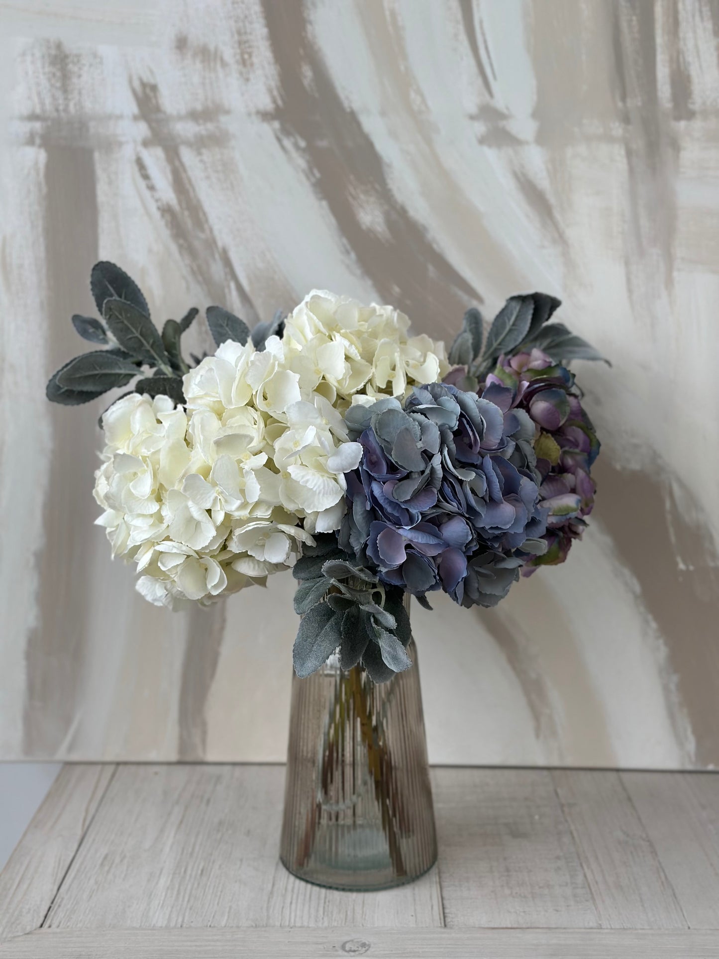 Watercolours Blue and White Faux Hydrangea and Lambs Leaf Arrangement