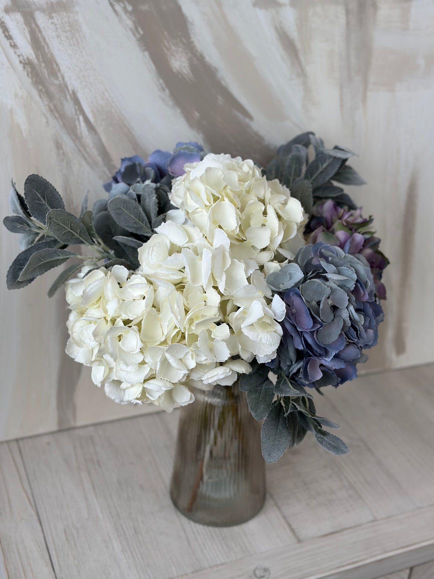 Watercolours Blue and White Faux Hydrangea and Lambs Leaf Arrangement