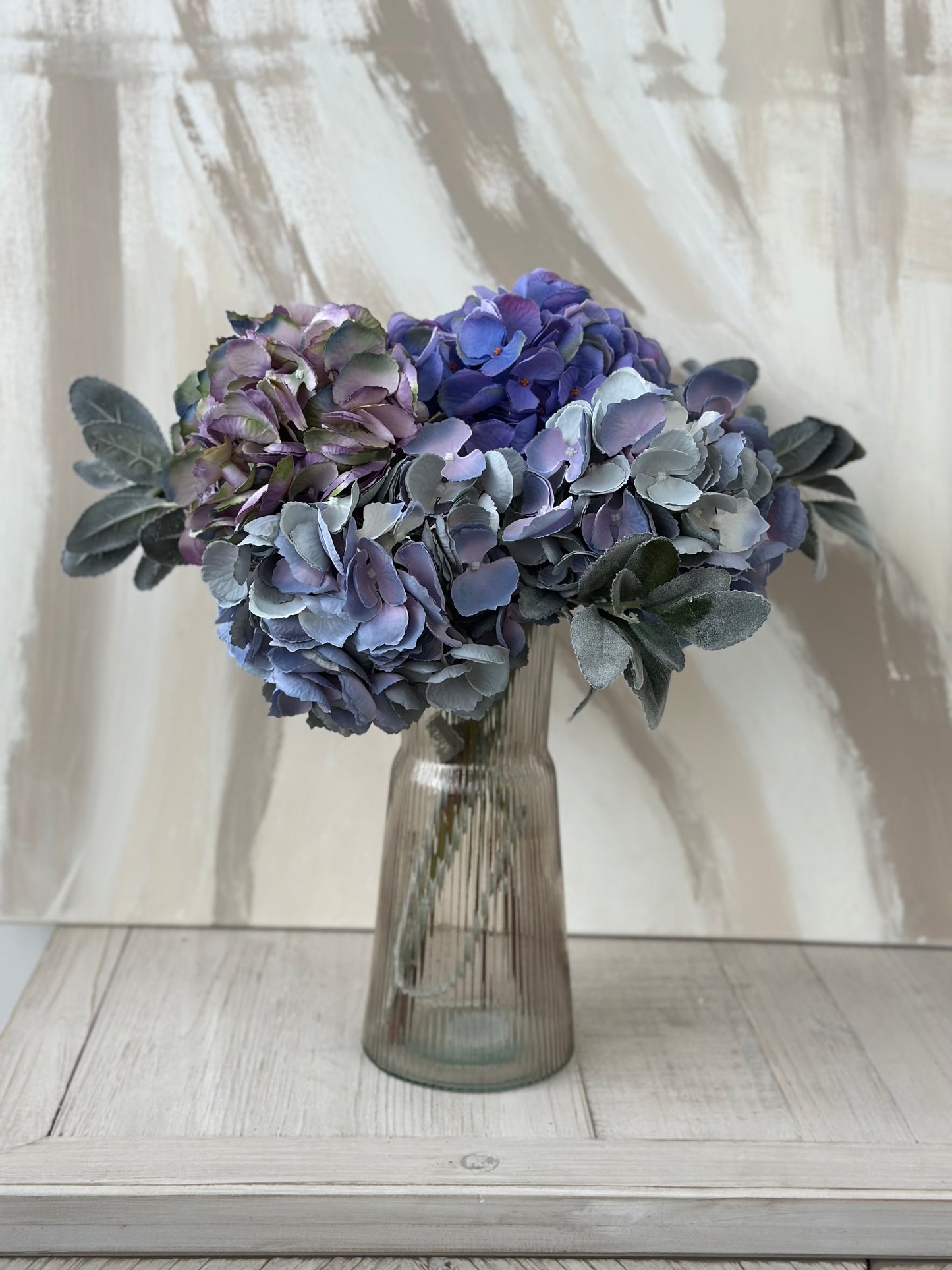 Watercolours Blue Faux Hydrangea and Lambs Leaf Arrangement