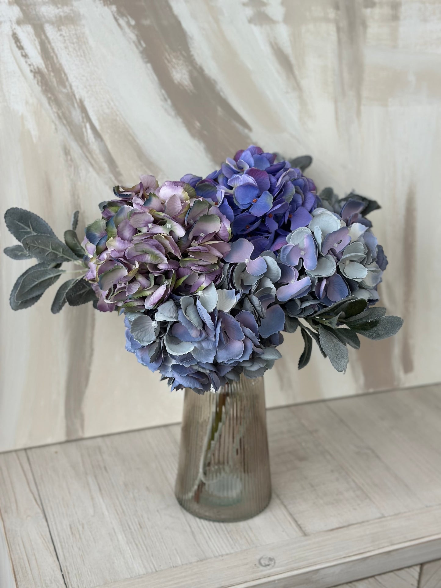 Watercolours Blue Faux Hydrangea and Lambs Leaf Arrangement