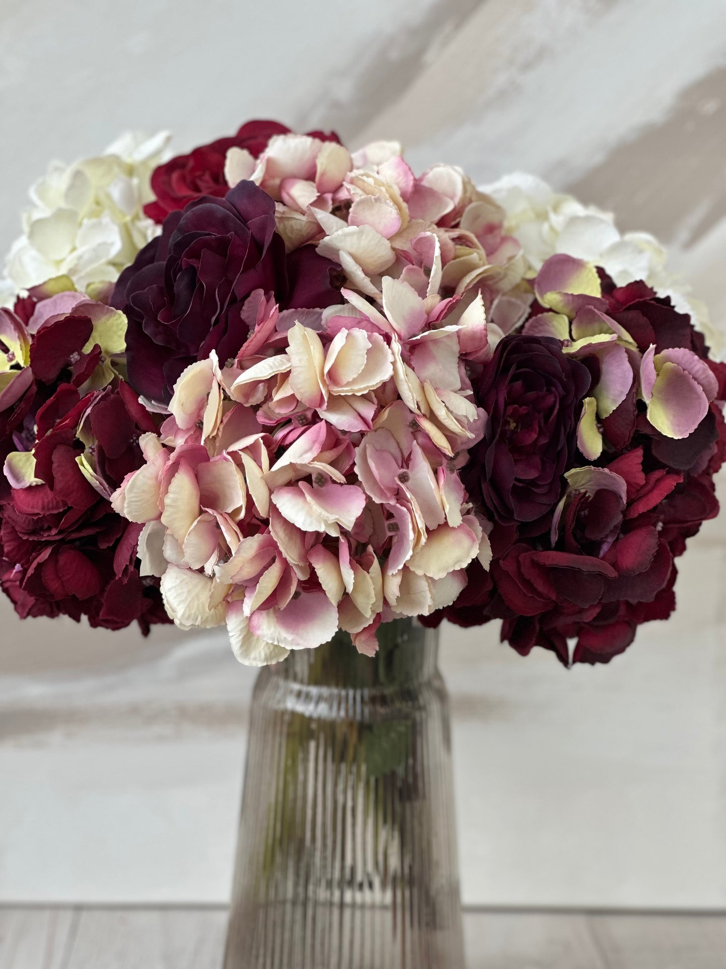 Romance Red and Pink Faux Rose and Hydrangea Arrangement