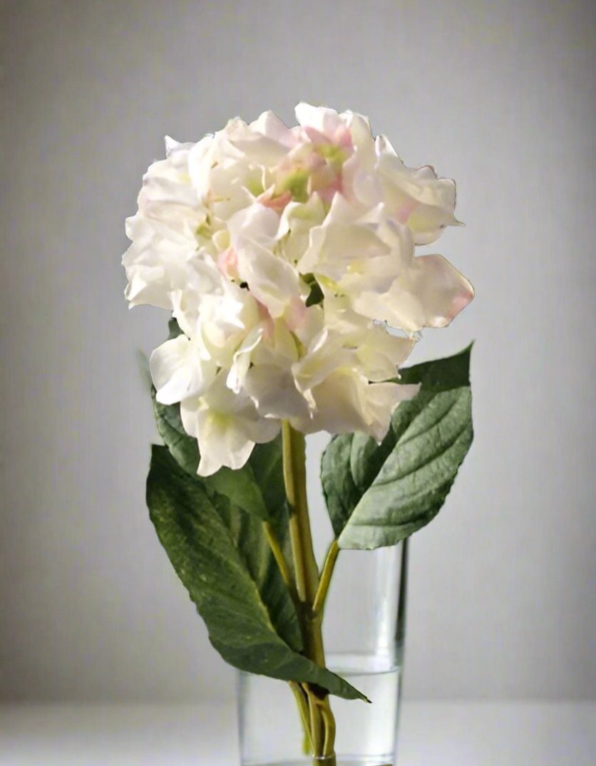 White tipped Pink & Green Faux Hydrangea Long Stem