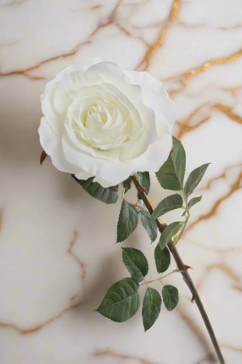 Faux Luxe White Hybrid Tea Rose Stem